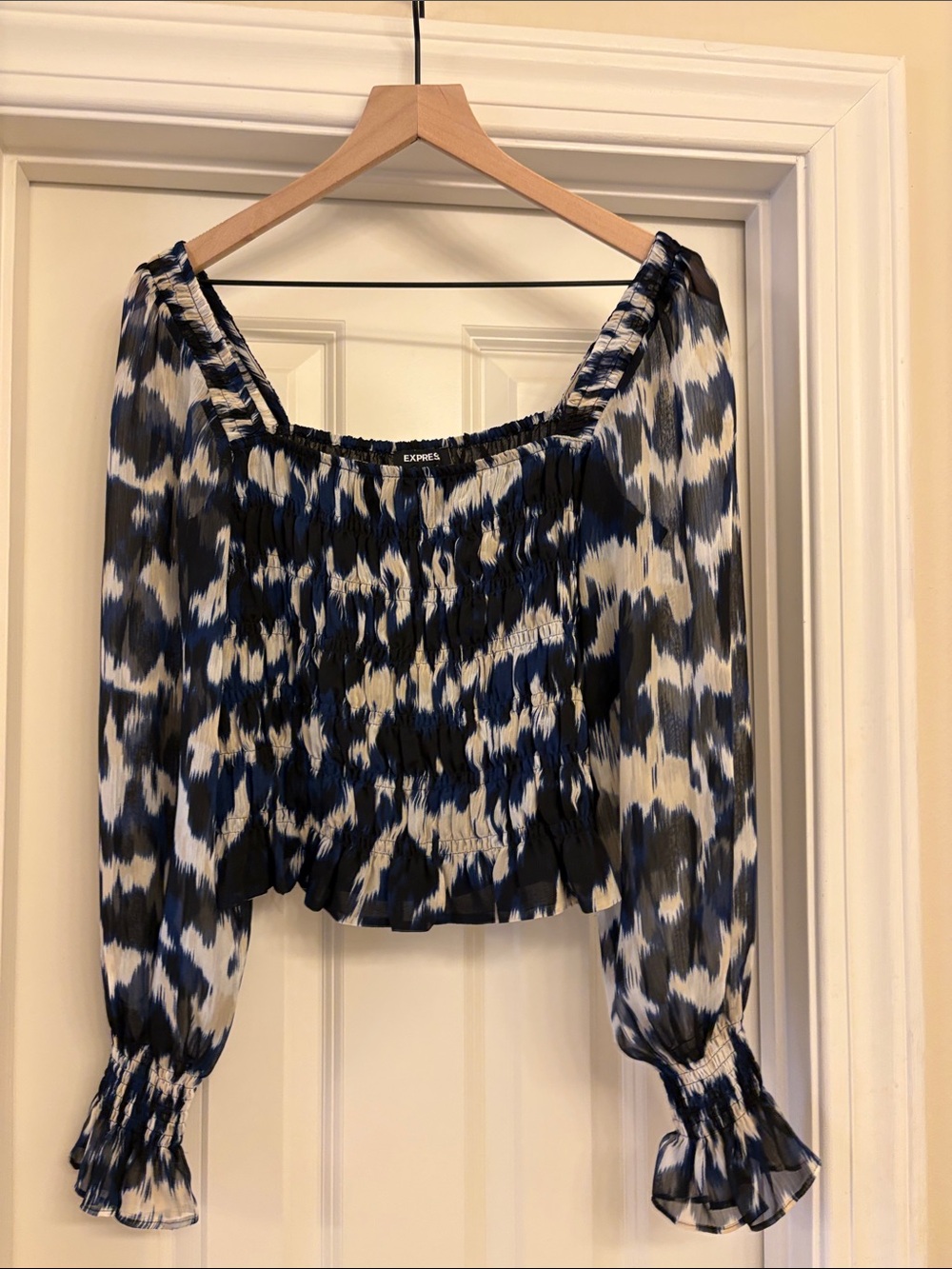 Express Navy, White & Black Smocked Long-Sleeve Blouse